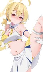 Rule 34 | 1girl, ahoge, aur hkgn, blonde hair, blue archive, blush, braid, breasts, cheerleader, cleavage, closed mouth, collarbone, detached collar, gloves, hair between eyes, halo, halterneck, highres, holding, holding pom poms, kotori (blue archive), kotori (cheer squad) (blue archive), large breasts, long hair, millennium cheerleader outfit (blue archive), navel, official alternate costume, pom pom (cheerleading), pom poms, red eyes, short twintails, simple background, skirt, solo, thigh strap, twintails, white background, white gloves, white skirt, yellow halo