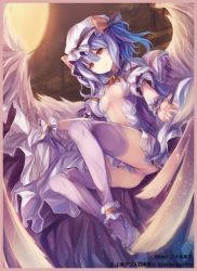 Rule 34 | 1girl, alternate wings, angel wings, blue hair, border, bow, breasts, center opening, clothes between thighs, dress, fal maro, floating, hair between eyes, hair bow, hat, light purple hair, panties, pink border, pink panties, purple eyes, purple thighhighs, remilia scarlet, short hair, smile, solo, thighhighs, thighs, touhou, underwear, wings, wrist cuffs