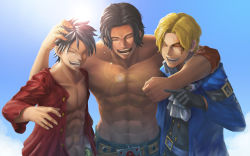 Rule 34 | 3boys, belt, blonde hair, brown hair, ascot, double-breasted, closed eyes, freckles, gloves, unworn headwear, highres, jacket, male focus, monkey d. luffy, multiple boys, one piece, open clothes, open shirt, portgas d. ace, red shirt, sabo (one piece), sash, scar, shirt, topless male, smile, time paradox