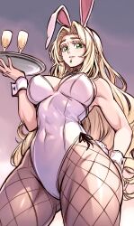 Rule 34 | 1girl, alternate costume, animal ears, black bow, black bowtie, blonde hair, bow, bowtie, breasts, chin piercing, cocktail glass, covered navel, cup, detached collar, drinking glass, fake animal ears, fake tail, fate/grand order, fate (series), fishnet pantyhose, fishnets, from below, green eyes, hair intakes, hairband, highleg, highleg leotard, highres, holding, holding tray, large breasts, leotard, long hair, pantyhose, playboy bunny, quetzalcoatl (fate), rabbit ears, rabbit tail, side-tie leotard, solo, standing, strapless, strapless leotard, tail, traditional bowtie, tray, very long hair, white hairband, white leotard, white wrist cuffs, wine glass, wrist cuffs, zantyarz