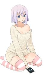 Rule 34 | 10s, 1girl, :o, bad deviantart id, bad id, bare shoulders, blue eyes, blush, breasts, card, cardfight!! vanguard, cleavage, collarbone, long sleeves, looking at viewer, no pants, off-shoulder, off-shoulder sweater, off shoulder, parted lips, short hair, sitting, socks, solo, striped clothes, striped socks, striped thighhighs, sweater, thighhighs, tokura misaki, transparent background, wariza, zettai ryouiki