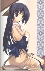 Rule 34 | 00s, 1girl, amazuyu tatsuki, animal ears, ass, black hair, blind, blunt bangs, border, bow, brown eyes, clothing cutout, from side, gradient background, highres, interlocked fingers, japanese clothes, kimono, long hair, long sleeves, looking down, official art, own hands clasped, own hands together, sash, scan, sitting, smile, solo, tail, tail through clothes, utawarerumono, very long hair, wide sleeves, yuzuha (utawarerumono)