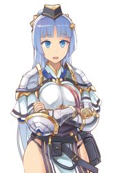 Rule 34 | 1girl, :d, armor, blue eyes, blue hair, blunt bangs, breasts, cowboy shot, crossed arms, elbow pads, granblue fantasy, hat, large breasts, long hair, looking at viewer, mina (shingeki no bahamut), open mouth, parted bangs, pauldrons, pelvic curtain, shoulder armor, simple background, smile, solo, standing, white background, yuugiri (u-slash)