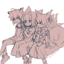 Rule 34 | 3girls, animal ears, arknights, closed mouth, dress, fox ears, fox girl, fox tail, highres, invisible chair, monochrome, morte (arknights), multiple girls, niwatori (akira 207), open mouth, shamare (arknights), short hair, simple background, sitting, sketch, stuffed wolf, sussurro (arknights), suzuran (arknights), tail, white background