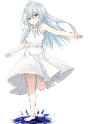 Rule 34 | 1girl, absurdres, ahoge, alternate costume, blue eyes, blush, closed mouth, dress, evening rabbit, full body, hair between eyes, hibiki (kancolle), highres, kantai collection, long dress, long hair, looking at viewer, open mouth, puddle, silver hair, simple background, smile, solo, splashing, standing, standing on one leg, tagme, water, white background