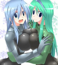Rule 34 | 2girls, armored core, armored core: for answer, ass, ay pool, blush, bodysuit, breast press, breasts, embarrassed, from software, hairband, holding hands, hand on own hip, hip focus, hug, huge breasts, large breasts, long hair, may greenfield, ment, multiple girls, open mouth, pilot suit, skin tight, smile, symmetrical docking, yuri
