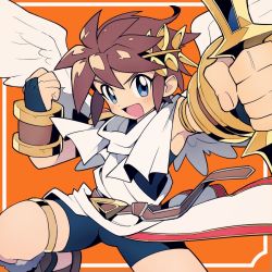 Rule 34 | 1boy, angel wings, black bodysuit, blue eyes, blush, bodysuit, boots, bracer, brown footwear, brown hair, clenched hand, enotou (enotou moi), fur-trimmed boots, fur trim, holding, holding weapon, kid icarus, laurel crown, leg up, male focus, nintendo, open mouth, pit (kid icarus), simple background, solo, thigh strap, tunic, two-tone background, weapon, wings