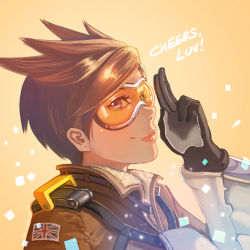 Rule 34 | 1girl, bodysuit, bomber jacket, breasts, brown eyes, brown hair, brown jacket, chest harness, english text, fur trim, gloves, goggles, hand up, harness, highres, jacket, leather, leather jacket, lips, logo, looking at viewer, msppice, overwatch, overwatch 1, salute, short hair, solo, spiked hair, swept bangs, tracer (overwatch), union jack, upper body, vambraces