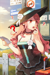 Rule 34 | 1girl, ?, breasts, choker, dress, drill hair, flower, gilse, hat, jewelry, lace, lolita fashion, long hair, lowres, open mouth, paper, pink hair, red eyes, ring, rose, sign, small breasts, solo, sun hat, sword girls, white rose