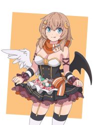 Rule 34 | 1girl, :q, angel wings, asymmetrical wings, black wings, blue eyes, breasts, brown hair, candy, chocolate, cleavage, crescent, crescent hair ornament, demon wings, dress, fnc (candy thief) (girls&#039; frontline), fnc (girls&#039; frontline), food, garter straps, girls&#039; frontline, hair ornament, halloween, halloween costume, kitkat, licking lips, long hair, medium breasts, mismatched wings, official alternate costume, skirt hold, solo, star (symbol), star hair ornament, strapless, strapless dress, tab (tabkun), thighhighs, tongue, tongue out, white thighhighs, white wings, wings