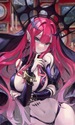 Rule 34 | 1girl, bare shoulders, black panties, bracelet, breasts, bridal gauntlets, detached sleeves, earrings, baobhan sith (fate), baobhan sith (second ascension) (fate), fate/grand order, fate (series), grey eyes, highres, jewelry, large breasts, long hair, looking at viewer, mo xiaoxue, nail polish, navel, panties, pink hair, pointy ears, revealing clothes, sidelocks, smile, solo, tiara, underwear, veil