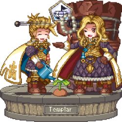 Rule 34 | 1boy, 1girl, armor, blonde hair, boots, canons, cape, coat, faux figurine, fortress, gloves, long hair, long sleeves, one eye closed, pixel art, sapling, templar (tree of savior), toshi6786, tree of savior, watering can, weapon