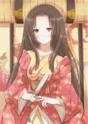Rule 34 | 1girl, black hair, brown eyes, hand fan, folding fan, hiro (hirohiro31), holding, japanese clothes, kimono, long hair, looking at viewer, original, solo