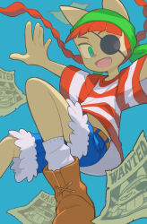 Rule 34 | 1girl, animal ears, animal nose, boots, braid, brown footwear, character request, commission, denim, denim shorts, eyepatch, fang, green eyes, highres, looking at viewer, mizuno (okn66), open mouth, pop&#039;n music, poster (object), red eyes, shirt, short sleeves, shorts, skeb commission, socks, solo, striped clothes, striped shirt, twin braids, wanted, white socks