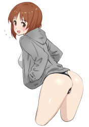 Rule 34 | 1girl, ass, black panties, blush, brown eyes, brown hair, casual, commentary, cropped legs, from behind, girls und panzer, grey jacket, hands in pockets, highres, hood, hood down, hoodie, jacket, leaning forward, looking at viewer, looking back, nishizumi miho, no pants, open mouth, panties, short hair, simple background, smile, solo, standing, sweatdrop, thong, underwear, white background, yamano rita