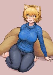 Rule 34 | 1girl, absurdres, animal ears, arm support, barefoot, blonde hair, blue sweater, breasts, chanta (ayatakaoisii), denim, fox ears, fox tail, grey pants, highres, jeans, large breasts, long sleeves, looking to the side, multiple tails, open mouth, pants, pink background, ribbed sweater, short hair, simple background, sitting, slit pupils, solo, sweater, tail, touhou, wariza, yakumo ran, yellow eyes