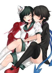 Rule 34 | 2girls, :t, ;d, anchor symbol, asymmetrical wings, black dress, black hair, black legwear, blush, bow, breasts, commentary request, dress, eyelashes, footwear bow, green eyes, happy, hat, highres, houjuu nue, hug, hug from behind, makita (vector1525), medium breasts, multiple girls, murasa minamitsu, on floor, one eye closed, open mouth, pointy ears, pout, puffy short sleeves, puffy sleeves, red bow, red eyes, red footwear, sailor collar, sailor hat, sailor shirt, shirt, short hair, short sleeves, shorts, signature, simple background, sitting, smile, socks, teeth, thighhighs, tongue, touhou, upper teeth only, white background, white legwear, white shirt, white shorts, wings