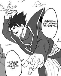 Rule 34 | black eyes, black hair, cosplay, dragon ball, english text, flying, gojou satoru (cosplay), happy, highres, jujutsu kaisen, looking down, manga illustration, potential unleashed, smile, son gohan, speech bubble, spiked hair, stance of heaven and earth, tagme, ultimate gohan