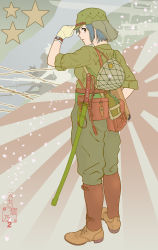 Rule 34 | 1girl, absurdres, ammunition belt, ammunition pouch, back, blue hair, boots, bottle, brown footwear, closed mouth, full body, gloves, green gloves, hat, helmet, highres, holding, holding clothes, holding hat, imperial japanese army, japanese flag, katana, looking at viewer, looking back, military, military hat, military uniform, original, pouch, red eyes, sheath, sheathed, sino (mechanized gallery), sleeves rolled up, solo, sword, uniform, unworn headwear, unworn helmet, watch, water bottle, weapon, world war ii