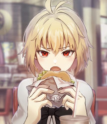 Rule 34 | 1girl, absurdres, antenna hair, arcueid brunestud, black bow, blonde hair, blurry, blurry background, bow, bowtie, burger, capelet, chair, character print, commentary, eating, english commentary, food, hair between eyes, highres, holding, holding food, indoors, looking at viewer, mkr (wepn3428), neco-arc, official alternate costume, open mouth, red eyes, short hair, sitting, solo, tsukihime, tsukihime (remake), white capelet