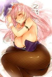 Rule 34 | 1girl, animal ears, ass, bad id, bad pixiv id, blush, breasts, character request, cleavage, detached collar, fake animal ears, fishnet pantyhose, fishnets, huge breasts, inayama, long hair, lying, on side, pantyhose, pink hair, playboy bunny, purple hair, rabbit ears, rabbit tail, sleeping, solo, tail, wrist cuffs, zzz
