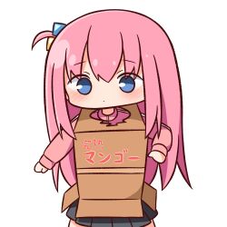 Rule 34 | 1girl, black skirt, blue eyes, blush, bocchi the rock!, box, cardboard box, cardboard box gundam, chibi, closed mouth, commentary request, cube hair ornament, gotoh hitori, hair between eyes, hair ornament, hana kazari, highres, jacket, long hair, long sleeves, looking at viewer, one side up, pink hair, pink jacket, pleated skirt, simple background, skirt, solo, track jacket, translation request, very long hair, white background