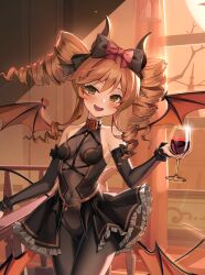 Rule 34 | 1girl, alcohol, bare shoulders, bat (animal), black pantyhose, bodysuit, bottle, bow, bowtie, branch, breasts, cat, choker, cleavage, collarbone, commentary, covered navel, cup, curtains, dappled moonlight, demon, demon girl, demon horns, demon tail, demon wings, detached sleeves, dress, drill hair, drinking glass, english commentary, fang, flower, flower choker, frills, green eyes, hair bow, hat, highres, horns, indoors, light particles, looking at viewer, mansion, medium breasts, moonlight, open mouth, orange hair, original, pantyhose, picture frame, pine (angel4195202), railing, red carpet, red flower, red rose, rose, sleeveless, sleeveless bodysuit, smile, solo, stairs, tail, tray, tree, twin drills, vase, window, wine, wine bottle, wine glass, wings, witch hat, wooden floor