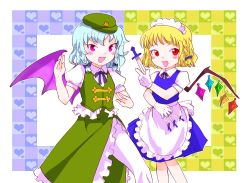 Rule 34 | &gt;:d, 2girls, :d, bat wings, blue hair, blush, blush stickers, bow, braid, chamaruk, china dress, chinese clothes, cosplay, dress, fangs, female focus, flandre scarlet, gloves, hair bow, hat, heart, hong meiling, hong meiling (cosplay), izayoi sakuya, izayoi sakuya (cosplay), knife, maid, maid headdress, multiple girls, open mouth, red eyes, remilia scarlet, short hair, siblings, sisters, smile, throwing knife, touhou, twin braids, v-shaped eyebrows, weapon, white gloves, wings, yellow eyes