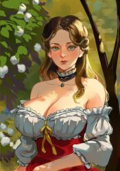 Rule 34 | 1girl, ai-assisted, blonde hair, breasts, brown hair, choker, cleavage, dappled sunlight, day, dress, frilled choker, frills, green eyes, highres, large breasts, looking at viewer, original, outdoors, ribosoma 42, solo, sunlight, tree