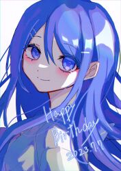 Rule 34 | 1girl, blue eyes, blue hair, closed mouth, danganronpa: trigger happy havoc, danganronpa (series), dated, donburi (minami don), from side, grey background, hair between eyes, hair ornament, hairclip, happy birthday, highres, looking at viewer, looking to the side, maizono sayaka, simple background, smile, solo