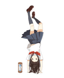 Rule 34 | 1girl, balancing, black socks, blue sailor collar, blue skirt, blush, brown eyes, brown footwear, closed mouth, dot nose, expressionless, full body, handstand, highres, hourglass, kneehighs, loafers, long hair, looking to the side, manmi, midriff peek, neckerchief, original, pleated skirt, red neckerchief, sailor collar, shirt, shoes, short sleeves, simple background, skirt, socks, solo, top-down bottom-up, upside-down, white background, white shirt