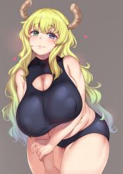 Rule 34 | 1girl, bare shoulders, bike shorts, blonde hair, blue eyes, blush, breasts, cleavage, covered erect nipples, curvy, dragon girl, dragon horns, gradient eyes, gradient hair, green eyes, green hair, heart, heterochromia, highres, horns, huge breasts, kobayashi-san chi no maidragon, long hair, looking at viewer, lucoa (maidragon), moisture (chichi), multicolored eyes, multicolored hair, plump, shiny skin, simple background, slit pupils, smile, solo, sports bra, standing, stomach, thick thighs, thighs, wavy hair, wide hips, yellow pupils