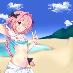 Rule 34 | 1boy, astolfo (fate), astolfo (sparkling frills) (fate), crossdressing, fate/grand order, fate (series), one eye closed, pink hair, ponytail, purple eyes, swimsuit, trap, venus 01, wink