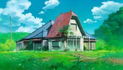 Rule 34 | blue sky, building, cloud, cloudy sky, commentary request, day, door, grass, highres, hosoi mikio, house, no humans, outdoors, palm tree, path, plant, porch, power lines, road, scenery, sky, studio ghibli, third-party edit, tree, utility pole, window