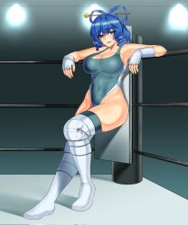 Rule 34 | 1girl, :d, against wall, alternate costume, aqua leotard, arm rest, armpits, blue eyes, blue hair, blush, boots, breasts, cleavage, commentary request, covered navel, curvy, drill hair, drill sidelocks, fingerless gloves, from side, full body, gloves, groin, hair between eyes, hair ornament, hair rings, hair stick, half-closed eyes, highleg, highleg leotard, highres, indoors, kaku seiga, knee boots, knee pads, large breasts, leotard, lights, looking at viewer, mattyakinako (odango imomushi), medium hair, open mouth, parted lips, raised eyebrows, red lips, shadow, sidelocks, smile, solo, standing, sweat, thick thighs, thighhighs, thighs, touhou, touhou tag dream, white footwear, white gloves, white thighhighs, wrestling outfit, wrestling ring