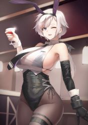 Rule 34 | 1girl, alcohol, animal ears, azur lane, backless leotard, bare shoulders, bikini, bikini under clothes, black bikini, black bra, black leotard, black necktie, bra, breasts, brown pantyhose, commentary request, cowboy shot, cup, elbow gloves, fake animal ears, gloves, highleg, highleg leotard, highres, holding, holding cup, itaco, leotard, leotard under clothes, mechanical hands, metal gloves, necktie, official alternate costume, one eye closed, pantyhose, playboy bunny, purple eyes, rabbit ears, reno (azur lane), reno (reno bunnino) (azur lane), see-through, see-through shirt, short hair with long locks, sideboob, single elbow glove, single mechanical hand, skindentation, solo, swimsuit, thigh strap, underwear, white hair, wrist cuffs