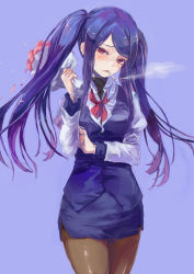 Rule 34 | 1girl, blush, bouquet, breasts, brown pantyhose, cigarette, flower, highres, jill stingray, long hair, looking at viewer, neck ribbon, pantyhose, pencil skirt, purple background, purple eyes, purple hair, red eyes, ribbon, simple background, skirt, smile, smoking, solo, turtleneck, twintails, uniform, va-11 hall-a, vest, yohane