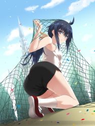 Rule 34 | 00s, 10s, 1girl, ahoge, arm up, ass, ayase hazuki, black shorts, blue eyes, blue hair, breasts, confetti, day, dutch angle, from behind, from below, imca, kneeling, long hair, looking at viewer, looking back, matching hair/eyes, medium breasts, net, on ground, outdoors, ponytail, red footwear, senjou no valkyria, senjou no valkyria (series), senjou no valkyria 3, shirt, shoe soles, shoes, shorts, sidelocks, sky, sleeveless, sleeveless shirt, sneakers, socks, solo, spire, sportswear, sweat, tower, watermark, white shirt, white socks