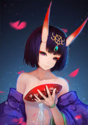 Rule 34 | 1girl, alcohol, bad id, bad pixiv id, black hair, bracelet, collarbone, demon girl, fate/grand order, fate (series), hair ornament, highres, horns, japanese clothes, jewelry, lips, looking at viewer, nooko, petals, purple eyes, shuten douji (fate), solo