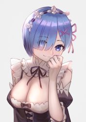 Rule 34 | 1girl, bare shoulders, blue eyes, blue hair, blush, breasts, cleavage, closed mouth, detached sleeves, eyes visible through hair, frilled sleeves, frills, gomashiwo o, hair between eyes, hair ornament, hair over one eye, hand to own mouth, hand up, highres, large breasts, looking at viewer, maid, maid headdress, pink ribbon, purple ribbon, re:zero kara hajimeru isekai seikatsu, rem (re:zero), ribbon, ribbon-trimmed clothes, ribbon trim, short hair, simple background, smile, solo, standing, white background, x hair ornament