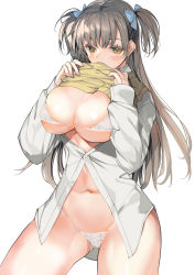 Rule 34 | 1girl, blue bow, bow, bra, breasts, breasts out, brown eyes, brown hair, clothes lift, gluteal fold, hair bow, highres, large breasts, lifted by self, long hair, long sleeves, looking at viewer, navel, original, panties, shirt, solo, standing, sweater, sweater lift, tamiya akito, thighs, two side up, underwear, white bra, white panties, white shirt, yellow sweater
