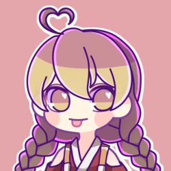 Rule 34 | 1other, ahoge, androgynous, blonde hair, blush stickers, braid, chibi, chinese commentary, commentary request, gougongzhineng, heart, heart ahoge, japanese clothes, kimono, len&#039;en, long hair, no nose, ooama no ake no mitori, other focus, outline, pink background, portrait, red kimono, simple background, sleeveless, sleeveless kimono, smile, solo, tongue, tongue out, twin braids, white outline, yellow eyes