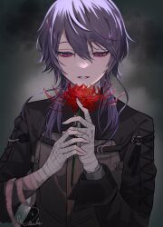 Rule 34 | 1boy, bandaged arm, bandaged hand, bandages, commentary request, facing viewer, flower, grey background, grey hair, grey jacket, hair between eyes, hair over shoulder, hands up, highres, holding, holding flower, jacket, kenmochi touya, long hair, looking down, male focus, nijisanji, parted lips, red eyes, red flower, signature, snowlight candy, solo, spider lily, teeth, tsurime, upper body, virtual youtuber