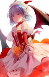 Rule 34 | 1girl, alternate costume, bare shoulders, bat wings, beret, blue hair, breasts, commentary request, cowboy shot, dress, grin, hat, heart, long sleeves, looking at viewer, off-shoulder dress, off shoulder, parted lips, red dress, red eyes, remilia scarlet, short hair, simple background, small breasts, smile, solo, standing, touhou, white background, white hat, wings, yuki (popopo)