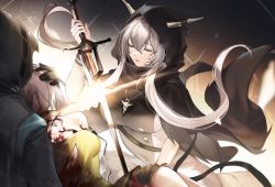 Rule 34 | 1other, 2girls, arknights, bare shoulders, black choker, black cloak, black coat, black gloves, blood, carrying, chinese commentary, choker, cloak, closed eyes, coat, collarbone, commentary request, demon horns, doctor (arknights), dress, gloves, green dress, highres, holding, holding sword, holding weapon, hood, hood up, hooded cloak, hooded coat, horns, horns through headwear, injury, kal&#039;tsit (arknights), multiple girls, off-shoulder dress, off shoulder, open mouth, princess carry, shining (arknights), short hair, sidelocks, sword, tabayashi, torn cloak, torn clothes, torn dress, weapon, white hair