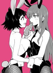 Rule 34 | 2girls, animal ears, bare shoulders, black hair, black leotard, blush, breast press, breasts, carrot, cleavage, cowboy shot, detached collar, feeding, fishnet pantyhose, fishnets, hair between eyes, hand on another&#039;s hip, holding, holding carrot, ikuhashi muiko, large breasts, leotard, long hair, looking at another, makise kurisu, monochrome, multiple girls, necktie, open mouth, pantyhose, pink background, playboy bunny, rabbit ears, rabbit tail, shiina mayuri, short hair, spot color, steins;gate, strapless, strapless leotard, sweatdrop, tail, wrist cuffs, yuri