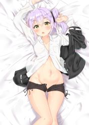 Rule 34 | 1girl, absurdres, arm up, bed sheet, black jacket, black shorts, blush, brown eyes, cac itinose, collarbone, collared shirt, dress shirt, fang, groin, hair between eyes, hand up, highres, jacket, long sleeves, looking at viewer, lying, navel, no panties, on back, one side up, open clothes, open jacket, open mouth, purple hair, shirt, short shorts, shorts, solo, tensei shitara slime datta ken, thigh gap, ultima (tensei shitara slime datta ken), white shirt