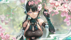 Rule 34 | 1girl, aether gazer, aqua nails, arm up, armpits, artist request, bare shoulders, black gloves, black hair, black leotard, blue eyes, blurry, breasts, bright pupils, cleavage, cleavage cutout, closed mouth, clothing cutout, depth of field, detached sleeves, elbow gloves, flower, gloves, hair ornament, highres, holding, holding flower, large breasts, leotard, long hair, looking up, nail polish, official art, partially fingerless gloves, pink flower, short sleeves, sideboob, smile, solo, strap, turtleneck, underboob cutout, upper body, ying zhao (aether gazer), zoom layer