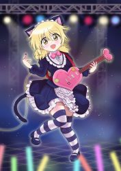 Rule 34 | 1girl, absurdres, animal ears, blonde hair, blush, cat ears, cat girl, cat tail, commission, commissioner upload, cosplay, cyan (show by rock!!), cyan (show by rock!!) (cosplay), dard drak, guitar, hidamari sketch, highres, instrument, long hair, miyako (hidamari sketch), open mouth, shoes, show by rock!!, skirt, smile, solo, striped clothes, striped thighhighs, tail, thighhighs