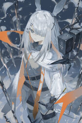 Rule 34 | 1girl, 3pel1, absurdres, animal ears, arknights, black gloves, blunt bangs, coat, commentary, cowboy shot, expressionless, frostnova (arknights), gloves, grey eyes, grey hair, hair over one eye, highres, holding, holding knife, knife, long hair, rabbit ears, rabbit girl, ring hair ornament, scar, scar on face, scar on nose, solo, white coat